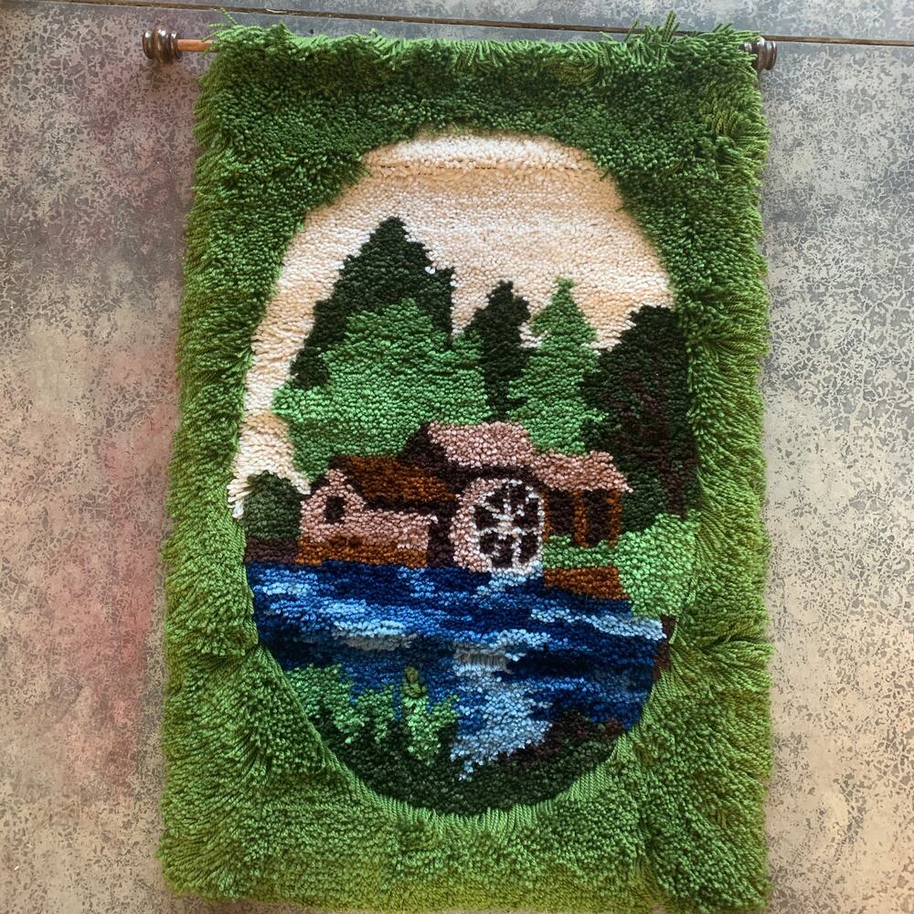 BERNAT Old Mill Stream Latch Hook Rug Wall Hanging vintage hi-lo landscape 70s?